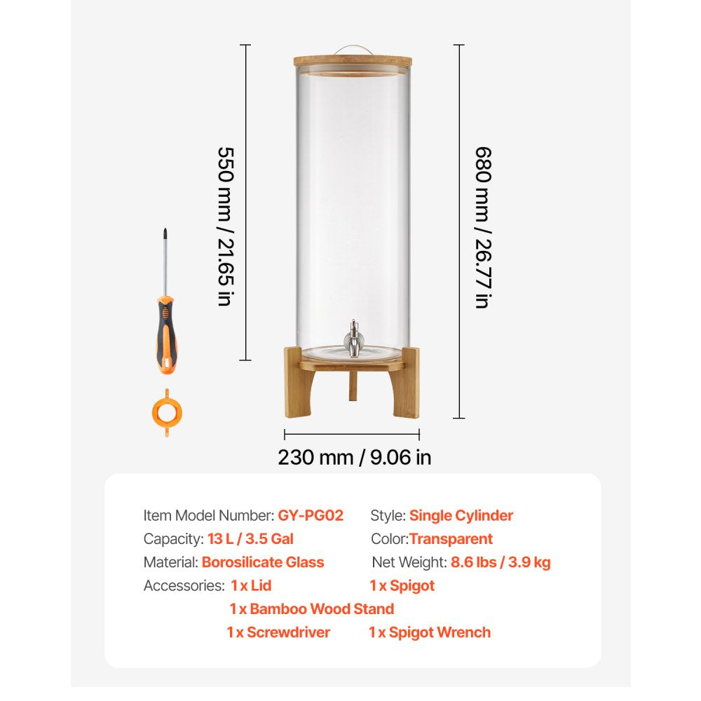 VEVOR Beverage Dispenser, 3.5 Gallon Drink Dispensers for Parties, Glass Juice Dispenser with Wood Stand, Stainless Steel Spigot, Iced Tea Lemonade Juice Water Dispensers for Parties