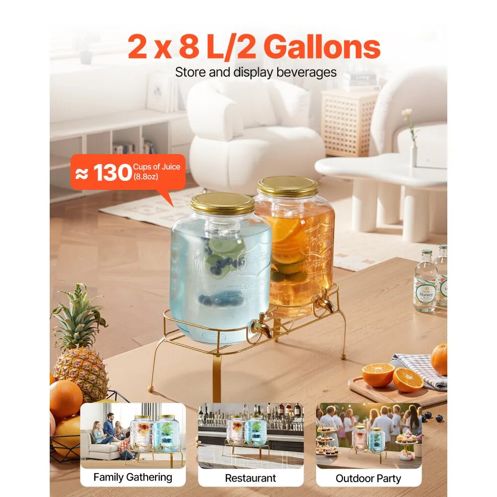 VEVOR Beverage Dispenser, 2 Pack 2 Gallon Drink Dispensers for Parties, Glass Juice Dispenser with Metal Stand, Stainless Steel Spigot, Infuser, Iced Tea Lemonade Juice Water Dispensers for Parties