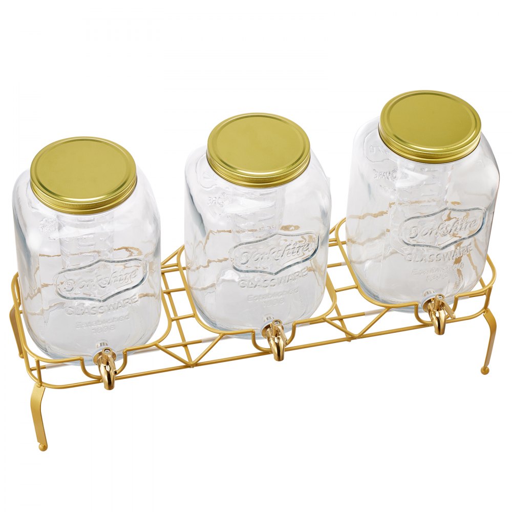 VEVOR Beverage Dispenser, 3 Pack 2 Gallon Drink Dispensers for Parties, Glass Juice Dispenser with Metal Stand, Stainless Steel Spigot, Infuser, Iced Tea Lemonade Juice Water Dispensers for Parties