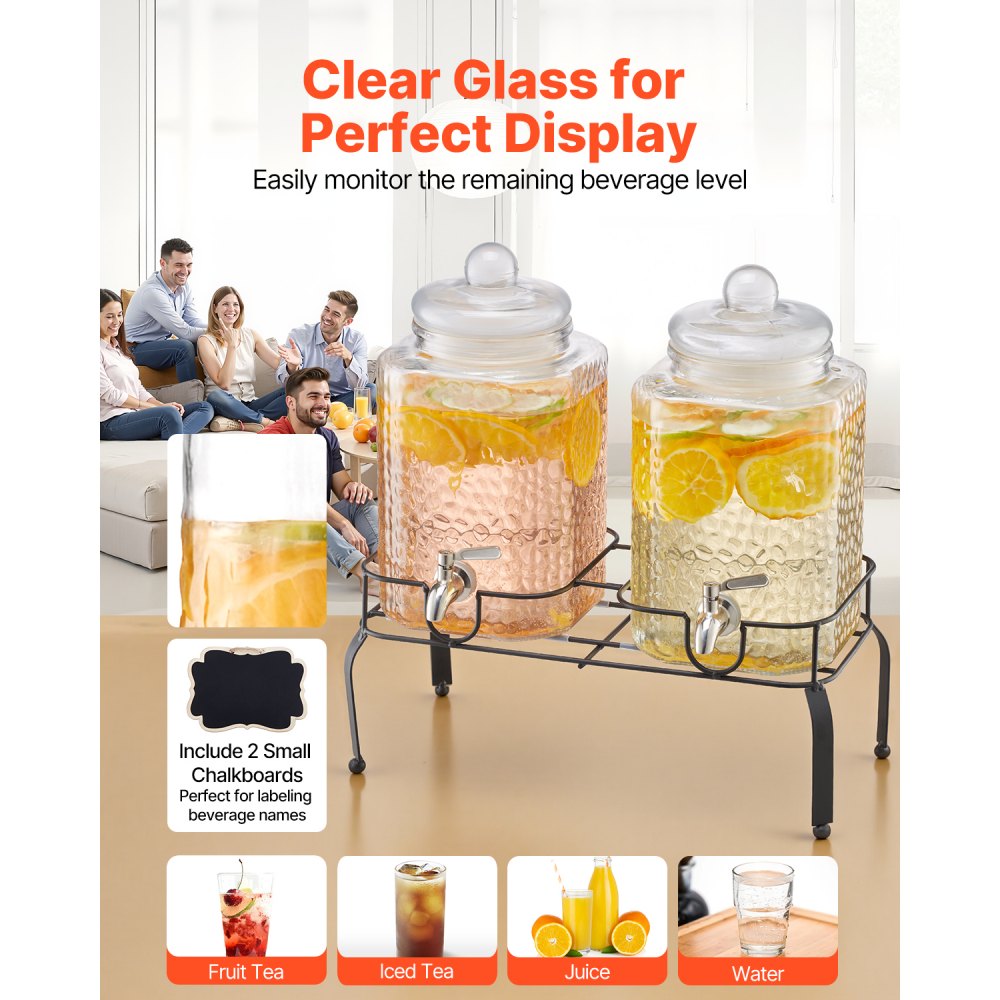 VEVOR Beverage Dispenser, 2 Pack 1.5 Gallon Drink Dispensers for Parties, Glass Juice Dispenser with Metal Stand, Stainless Steel Spigot, Iced Tea Lemonade Juice Water Dispensers for Parties