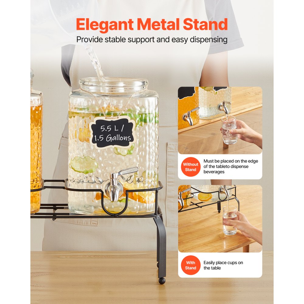 VEVOR Beverage Dispenser, 2 Pack 1.5 Gallon Drink Dispensers for Parties, Glass Juice Dispenser with Metal Stand, Stainless Steel Spigot, Iced Tea Lemonade Juice Water Dispensers for Parties