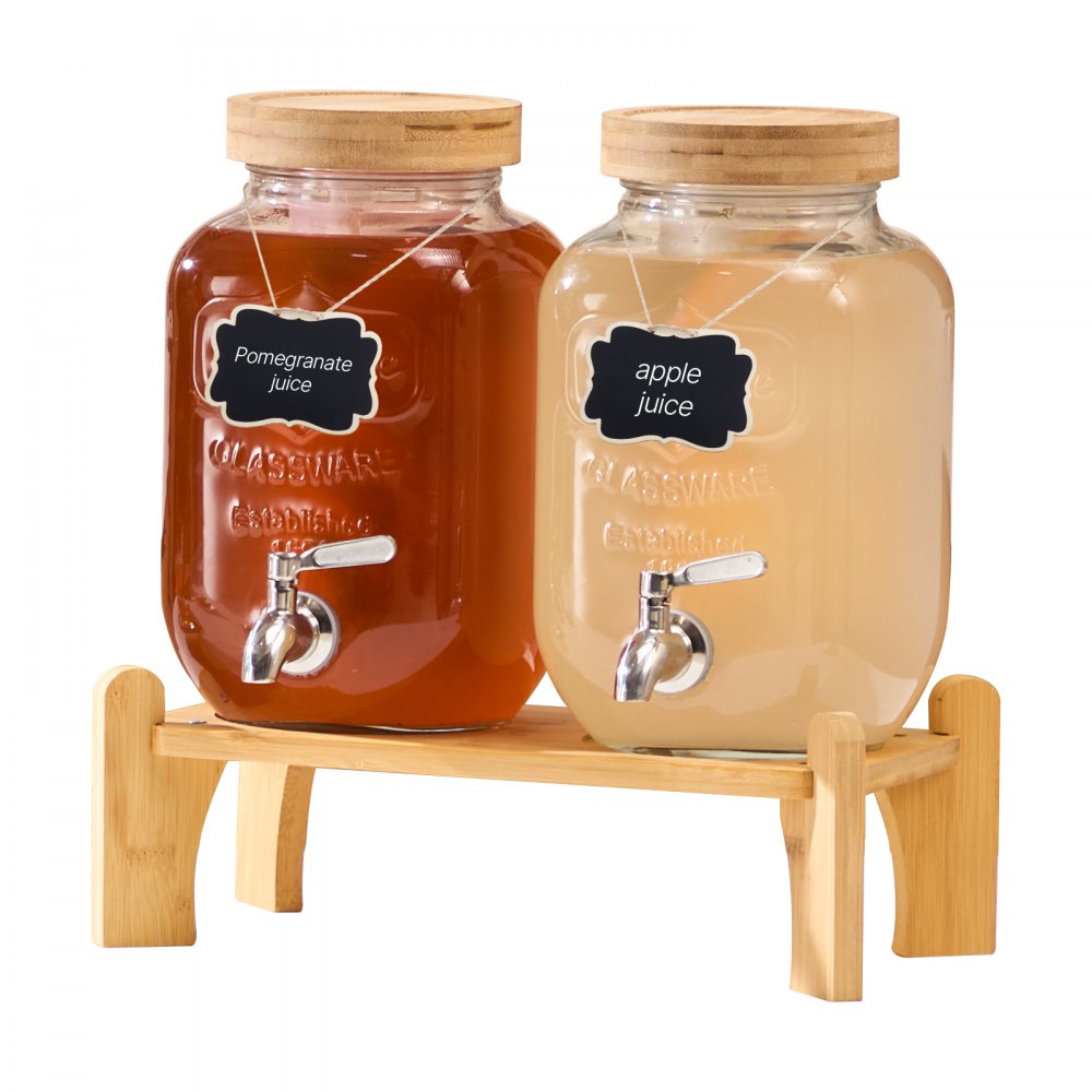VEVOR Beverage Dispenser, 2 Pack 1 Gallon Drink Dispensers for Parties, Glass Juice Dispenser with Wood Stand, Stainless Steel Spigot, Infuser, Iced Tea Lemonade Juice Water Dispensers for Parties