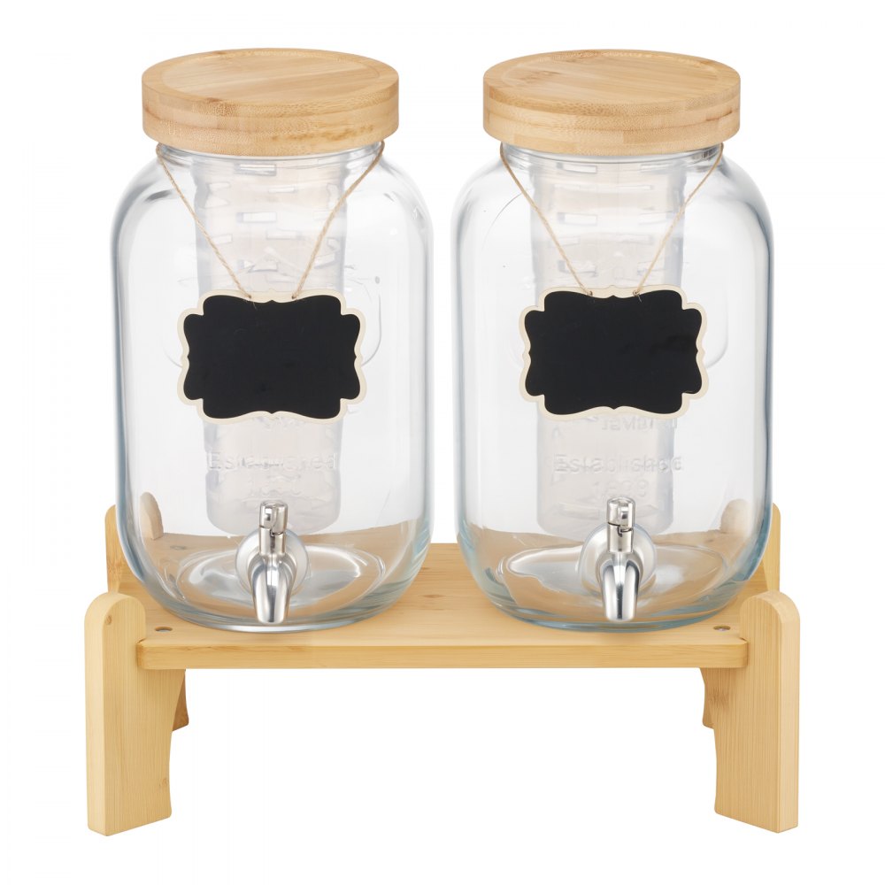 VEVOR Beverage Dispenser, 2 Pack 1 Gallon Drink Dispensers for Parties, Glass Juice Dispenser with Wood Stand, Stainless Steel Spigot, Infuser, Iced Tea Lemonade Juice Water Dispensers for Parties