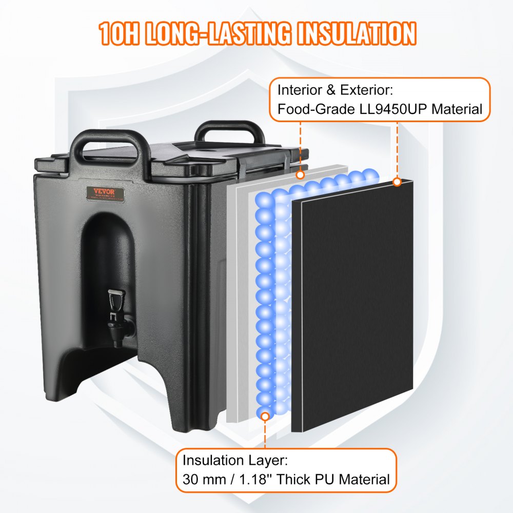 VEVOR Insulated Beverage Dispenser, 10 Gallon, Food-grade LL9450UP Hot and Cold Beverage Server, Thermal Drink Dispenser Cooler with 1.18 in PU Layer Two-Stage Faucet Handle, for Restaurant Drink Shop