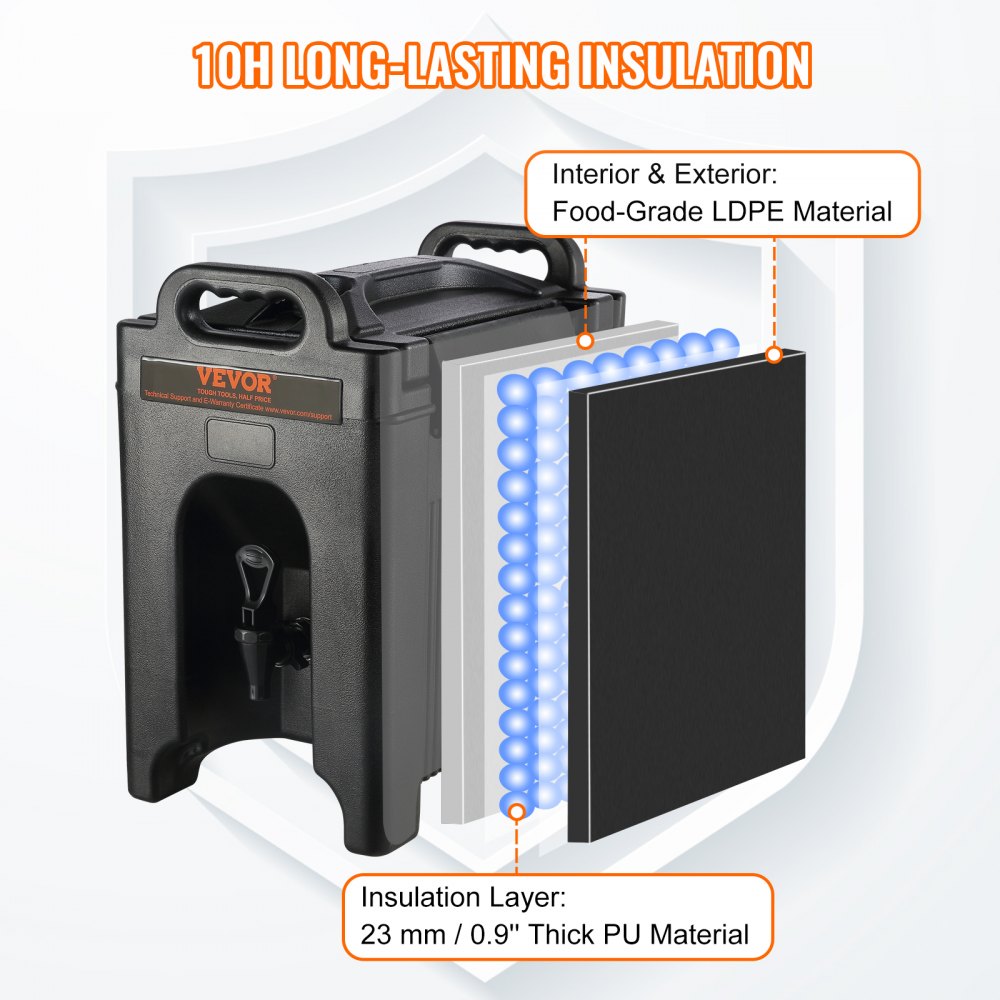 VEVOR Insulated Beverage Dispenser, 2.5 Gallon, Food-grade LDPE Hot and Cold Beverage Server, Thermal Drink Dispenser Cooler with 0.9 in PU Layer Two-Stage Faucet Handle, for Restaurant Drink Shop