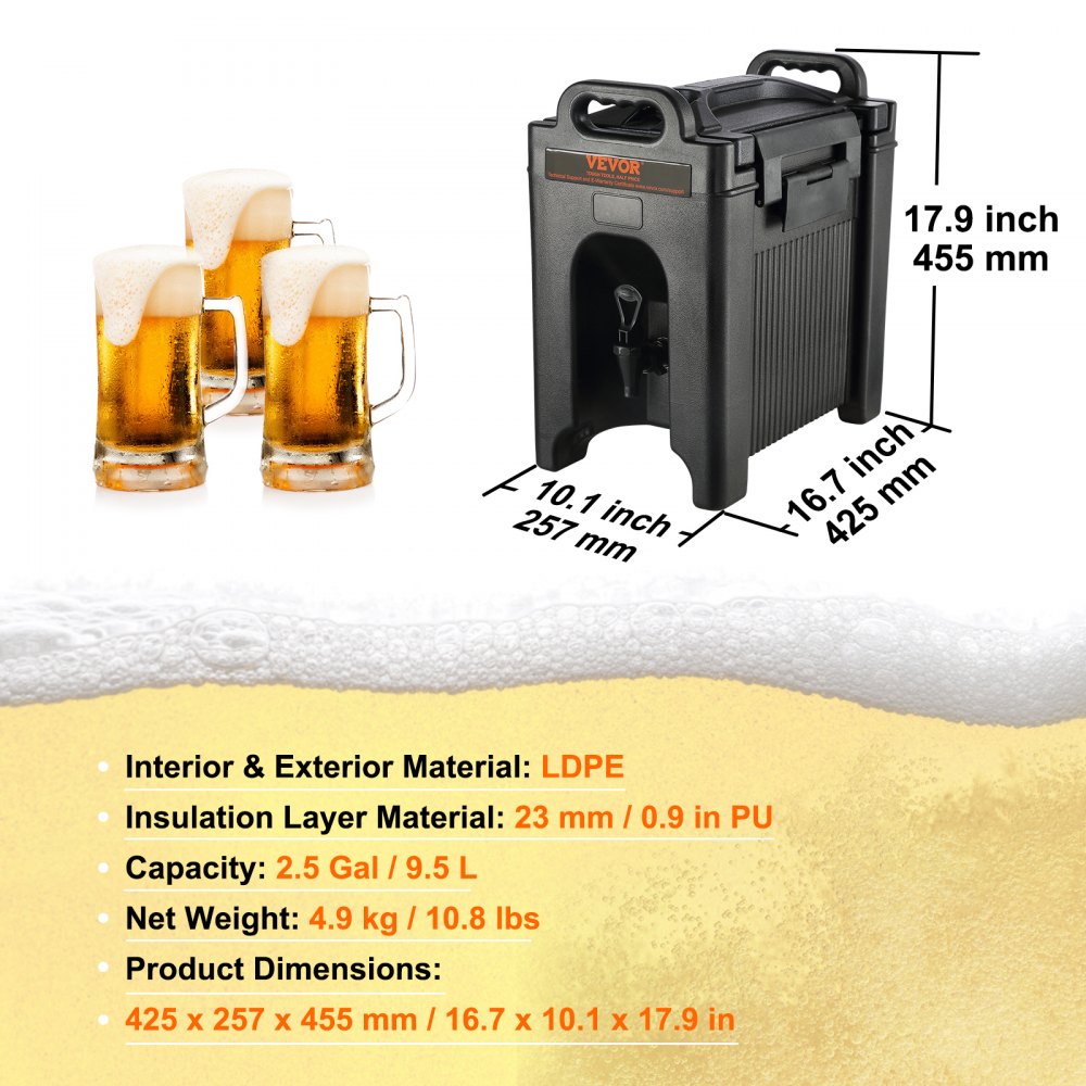 VEVOR Insulated Beverage Dispenser, 2.5 Gallon, Food-grade LDPE Hot and Cold Beverage Server, Thermal Drink Dispenser Cooler with 0.9 in PU Layer Two-Stage Faucet Handle, for Restaurant Drink Shop