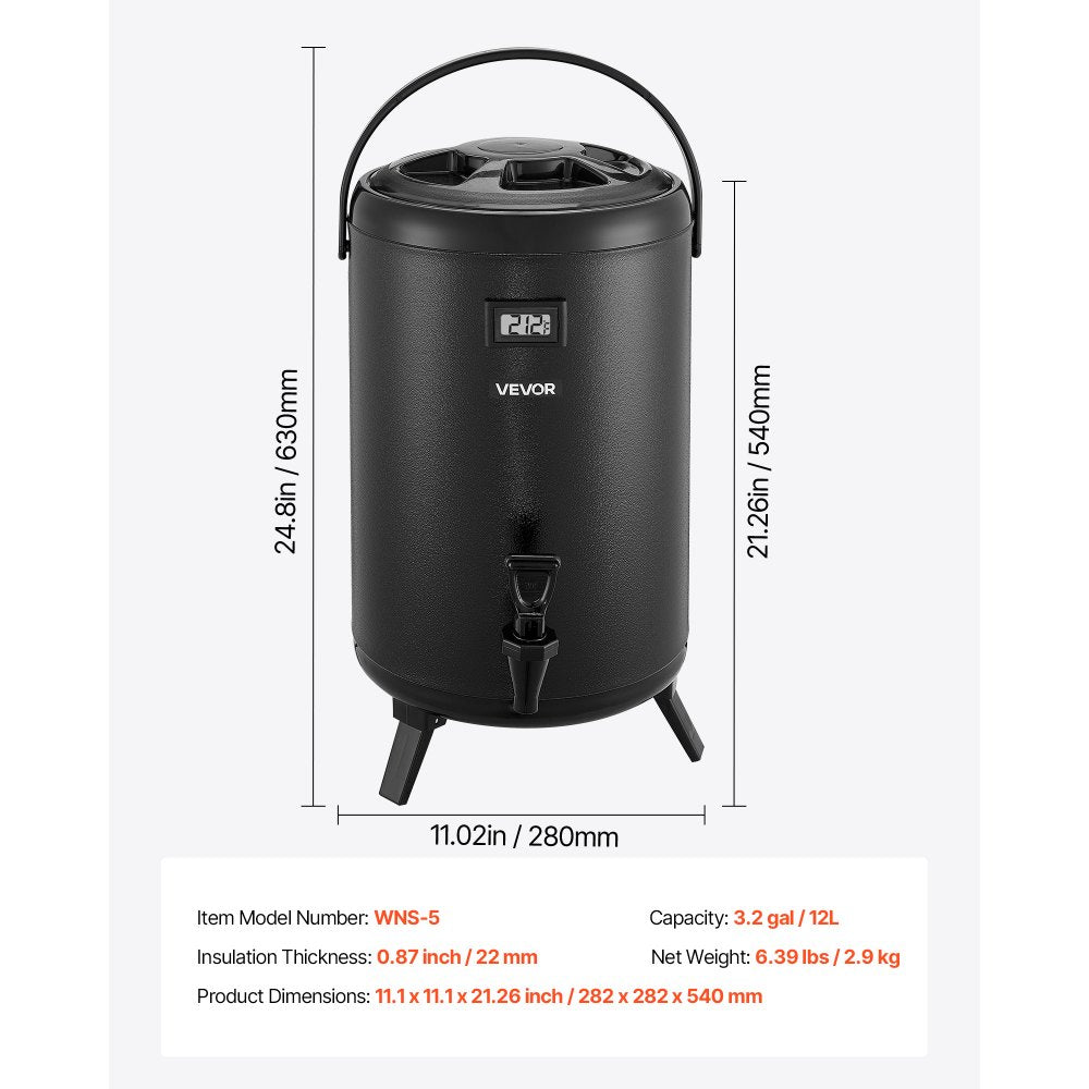 VEVOR Insulated Beverage Dispenser, 3.2 Gal/12L Stainless Steel Thermal Drink Server with Spigot & Temp Display, Suitable for Hot and Cold Drinks, for Tea Coffee Water in Cafes & Restaurants, Black