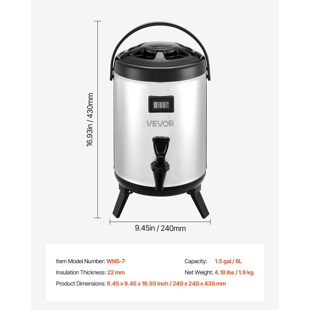 VEVOR Insulated Beverage Dispenser, 1.5 Gal/6L Stainless Steel Thermal Drink Server with Spigot & Temp Display, Suitable for Hot and Cold Drinks, for Tea Coffee Water in Cafes & Restaurants, Silver
