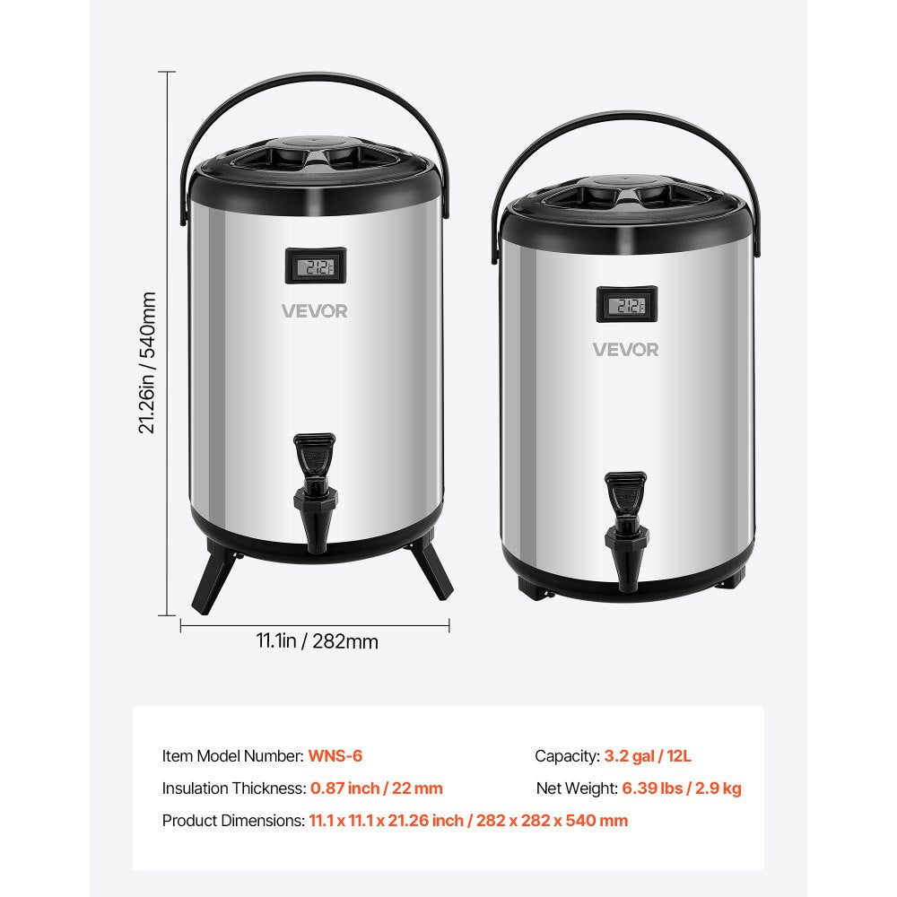 VEVOR Insulated Beverage Dispenser, 3.2 Gal/12L Stainless Steel Thermal Drink Server with Spigot & Temp Display, Suitable for Hot and Cold Drinks, for Tea Coffee Water in Cafes & Restaurants, 2 Pack
