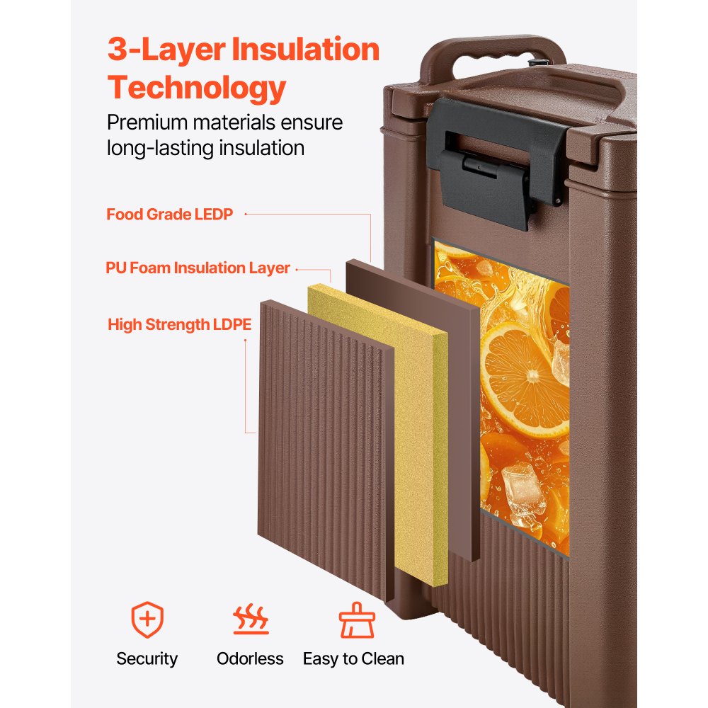 VEVOR Insulated Beverage Dispenser, 5 Gal/19L Hot and Cold Beverage Server with Spigot & Handle, Food-Grade Thermal Drink Dispenser Cooler for Tea Coffee Water in Cafes & Restaurants, Brown