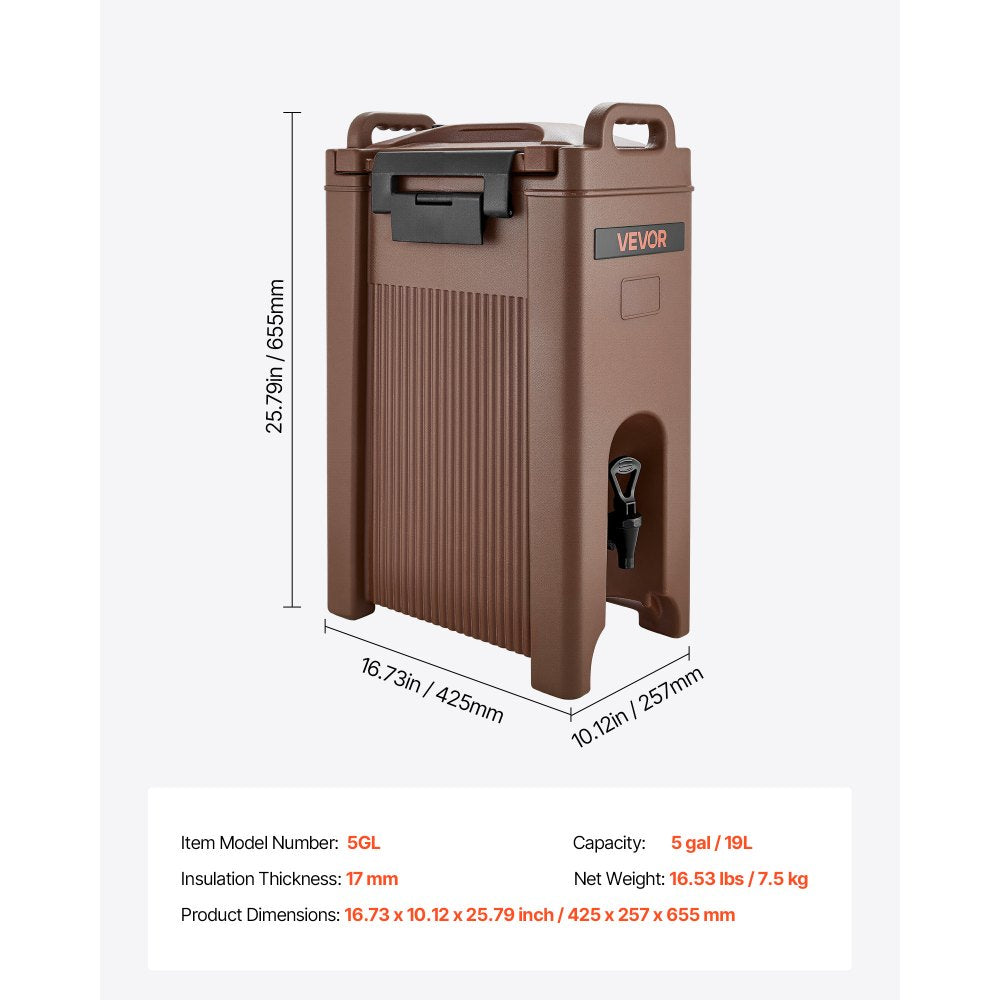VEVOR Insulated Beverage Dispenser, 5 Gal/19L Hot and Cold Beverage Server with Spigot & Handle, Food-Grade Thermal Drink Dispenser Cooler for Tea Coffee Water in Cafes & Restaurants, Brown