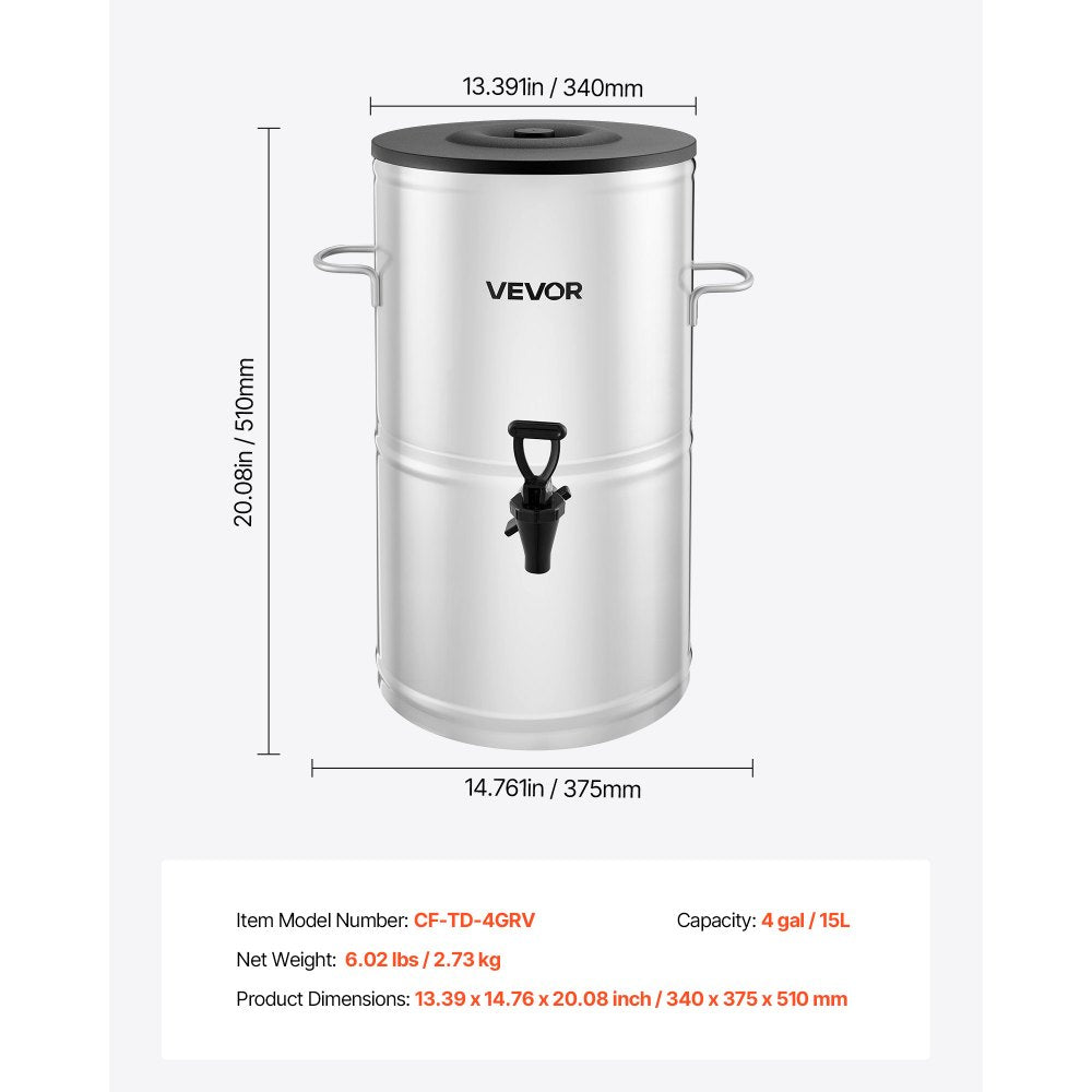 VEVOR Ice Tea Dispenser, 4 Gal/15L 304 Stainless Steel Beverage Dispenser with Spigot & Handle, Suitable for Hot and Cold Drinks, for Iced Tea Coffee Water in Cafes & Restaurants