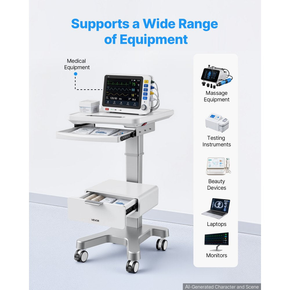 VEVOR Medical Cart 66.14 lbs Max Load Electric Lift Medical Trolley Cart, for Clinic, Hospital, Laboratory, Stable Support, Adjustable Height, Silent Rolling Trolley with 360° Swivel Lockable Wheels