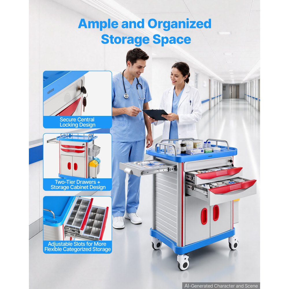 VEVOR Medical Cart 242.51 lbs Max Load Medical Trolley Cart with Cabinet, for Hospital, Clinic, Laboratory, Stable Support, with 2 Drawers, Silent Rolling Trolley with 360° Swivel Lockable Wheels