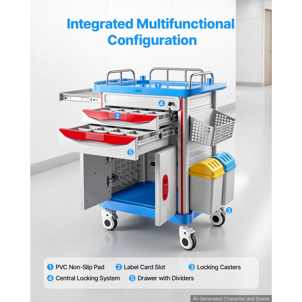 VEVOR Medical Cart 242.51 lbs Max Load Medical Trolley Cart with Cabinet, for Hospital, Clinic, Laboratory, Stable Support, with 2 Drawers, Silent Rolling Trolley with 360° Swivel Lockable Wheels
