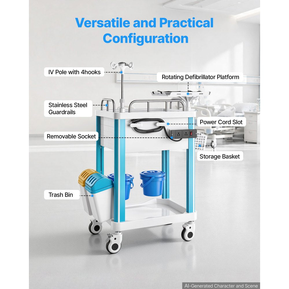VEVOR Medical Cart 242.51 lbs Max Load Medical Trolley Cart with 2 Drawers, for Hospital, Clinic, Laboratory, Stable Support, Silent Rolling Trolley with 360° Swivel Lockable Wheels, Organized Storage