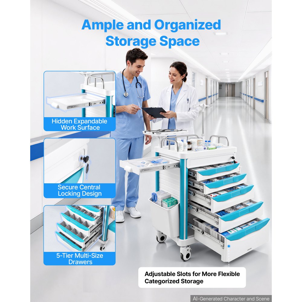 VEVOR Medical Cart 242.51 lbs Max Load Medical Trolley Cart with 5 Drawers, for Hospital, Clinic, Laboratory, Stable Support, Silent Rolling Trolley with 360° Swivel Lockable Wheels, Organized Storage