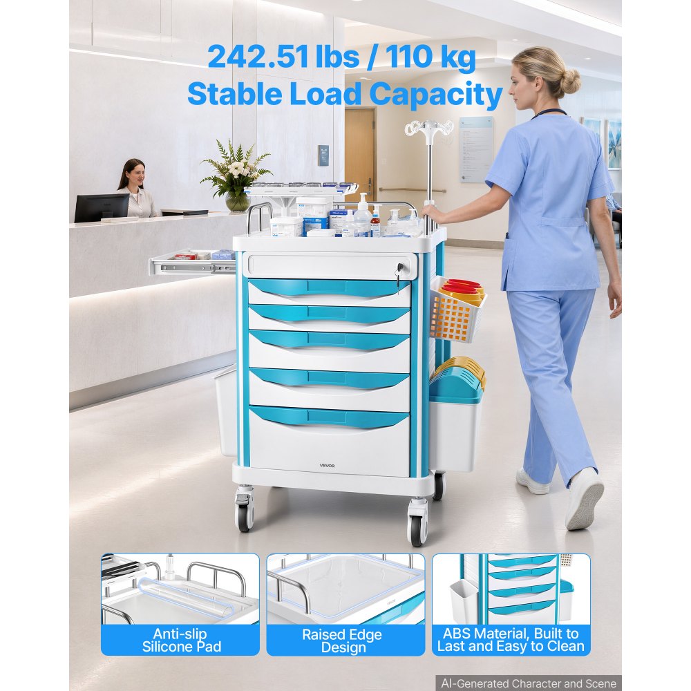 VEVOR Medical Cart 242.51 lbs Max Load Medical Trolley Cart with 5 Drawers, for Hospital, Clinic, Laboratory, Stable Support, Silent Rolling Trolley with 360° Swivel Lockable Wheels, Organized Storage