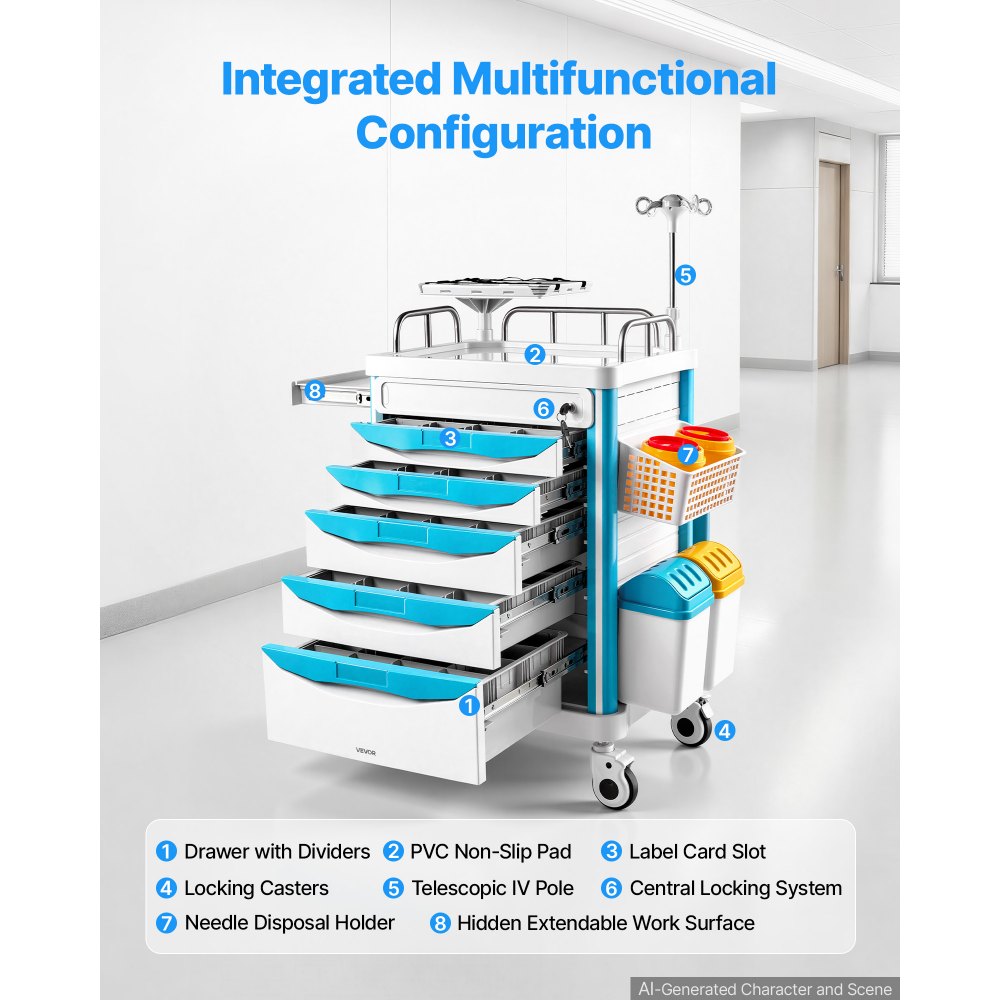 VEVOR Medical Cart 242.51 lbs Max Load Medical Trolley Cart with 5 Drawers, for Hospital, Clinic, Laboratory, Stable Support, Silent Rolling Trolley with 360° Swivel Lockable Wheels, Organized Storage