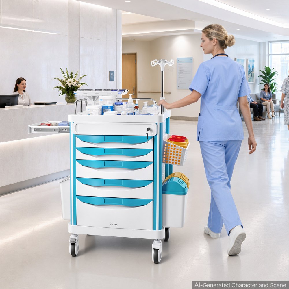 VEVOR Medical Cart 242.51 lbs Max Load Medical Trolley Cart with 5 Drawers, for Hospital, Clinic, Laboratory, Stable Support, Silent Rolling Trolley with 360° Swivel Lockable Wheels, Organized Storage