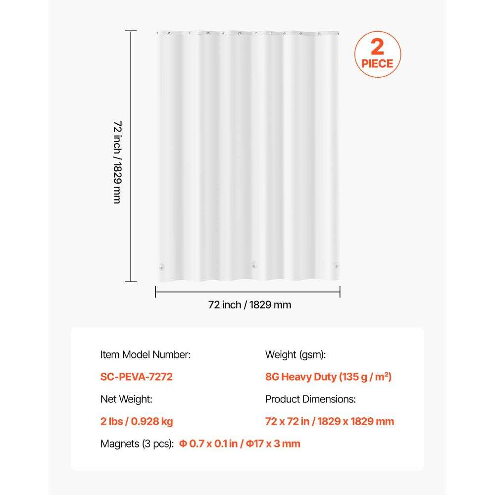 VEVOR Shower Curtain Liner, 8G Heavy-Duty PEVA Shower Liner, 2-Pack Waterproof Plastic Liners with 3 Magnets and 12 Rust-Resistant Metal Grommet, for Bathroom Showers & Bath Tubs, 72 x 72 in (White)