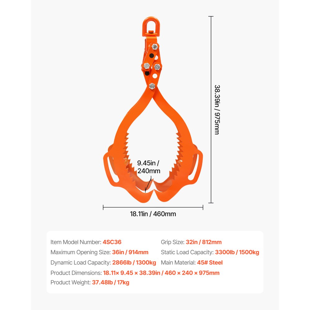 VEVOR 36in Log Lifting Tongs, 4-Claw Log Tongs, Heavy Duty Steel Log Grapple, 3300LBS Lifting Capacity, Swivel Log Graper Timber, Eagle Claw Design, Log Skidding Tongs for Trucks, Tractors, Forklifts