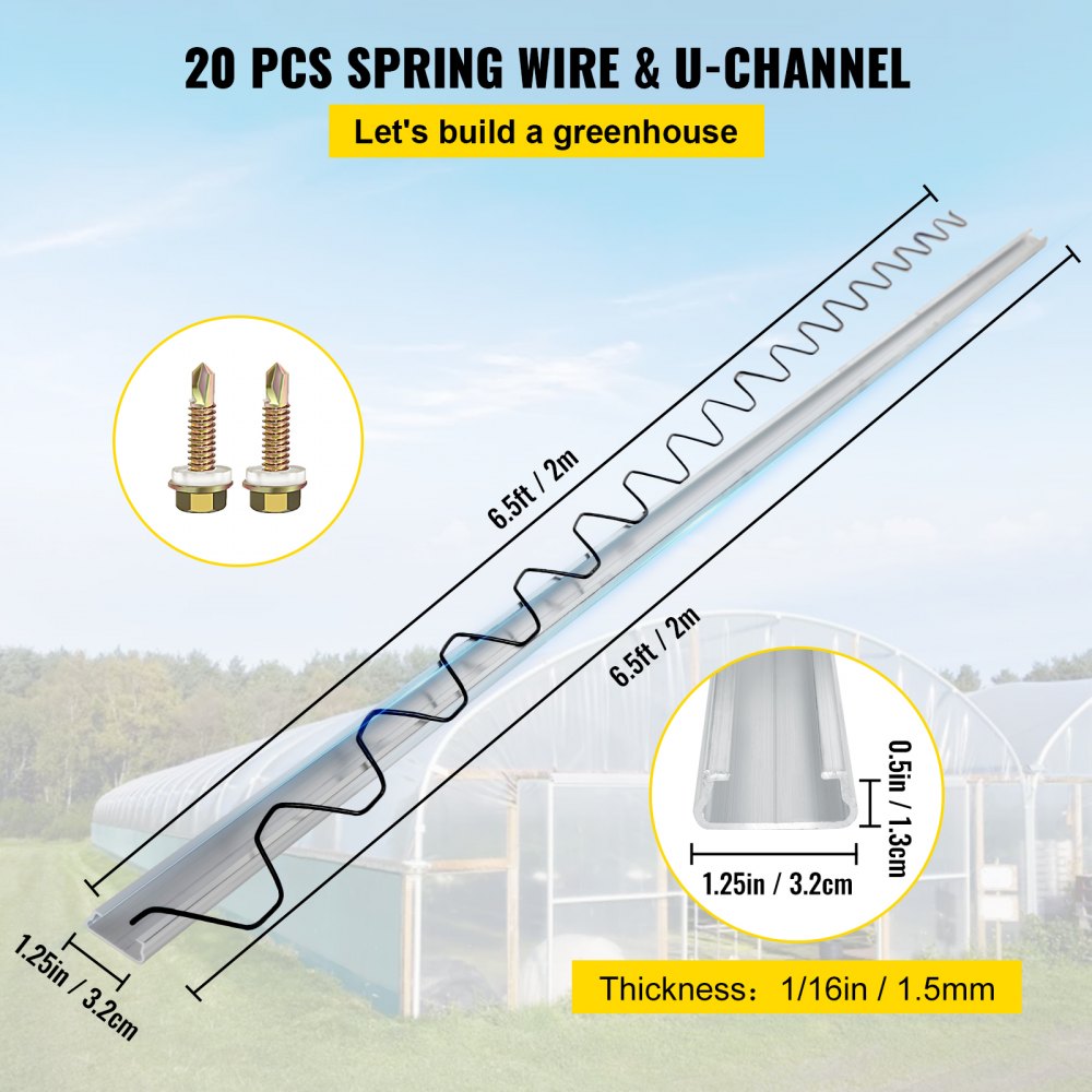 VEVOR Spring Wire and Lock Channel,6.56ft Spring Lock & U-Channel Bundle for Greenhouse, 20 Packs PE Coated Spring Wire & Aluminum Alloy Channel, Plastic Poly Film or Shade Cloth Attachment with Screw