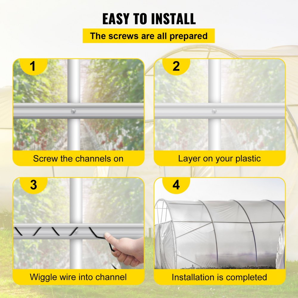 VEVOR Spring Wire and Lock Channel,6.56ft Spring Lock & U-Channel Bundle for Greenhouse, 20 Packs PE Coated Spring Wire & Aluminum Alloy Channel, Plastic Poly Film or Shade Cloth Attachment with Screw