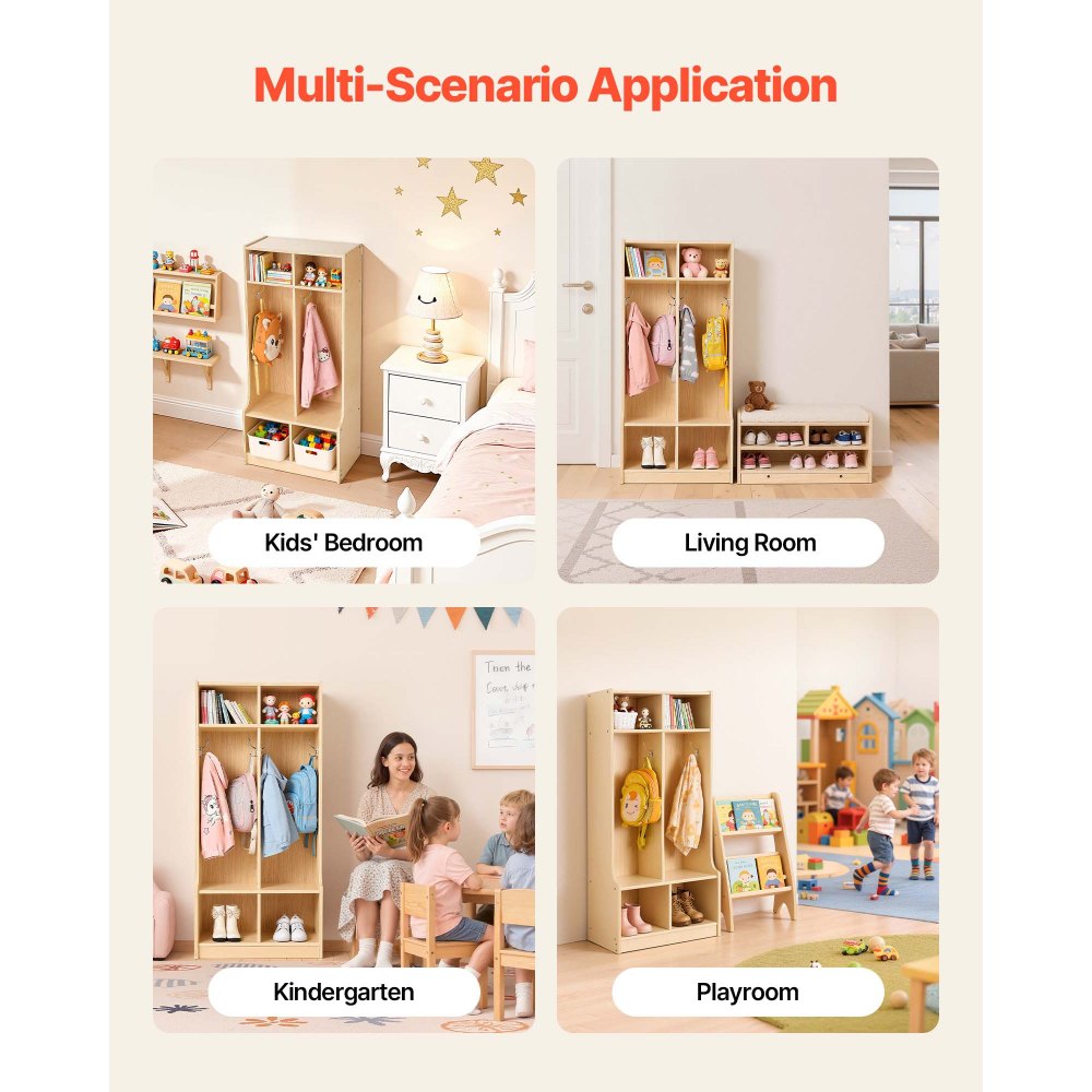 VEVOR 2-Section Kids Coat Locker, Wooden Toddler Cubby Storage Organizer with 4 Hooks & Anti-Tip Kit, Modern Kid Coat Cubbies with 4 Small Open Storage Boxes for Home, Kindergarten, Daycare, Natural