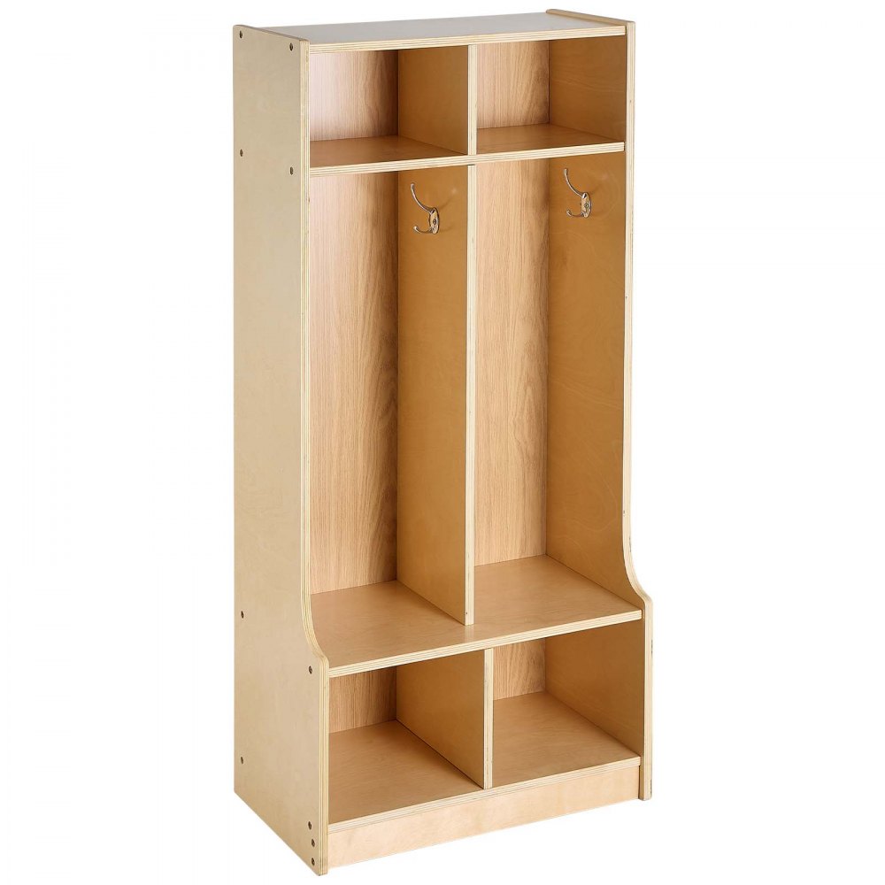 VEVOR 2-Section Kids Coat Locker, Wooden Toddler Cubby Storage Organizer with 4 Hooks & Anti-Tip Kit, Modern Kid Coat Cubbies with 4 Small Open Storage Boxes for Home, Kindergarten, Daycare, Natural