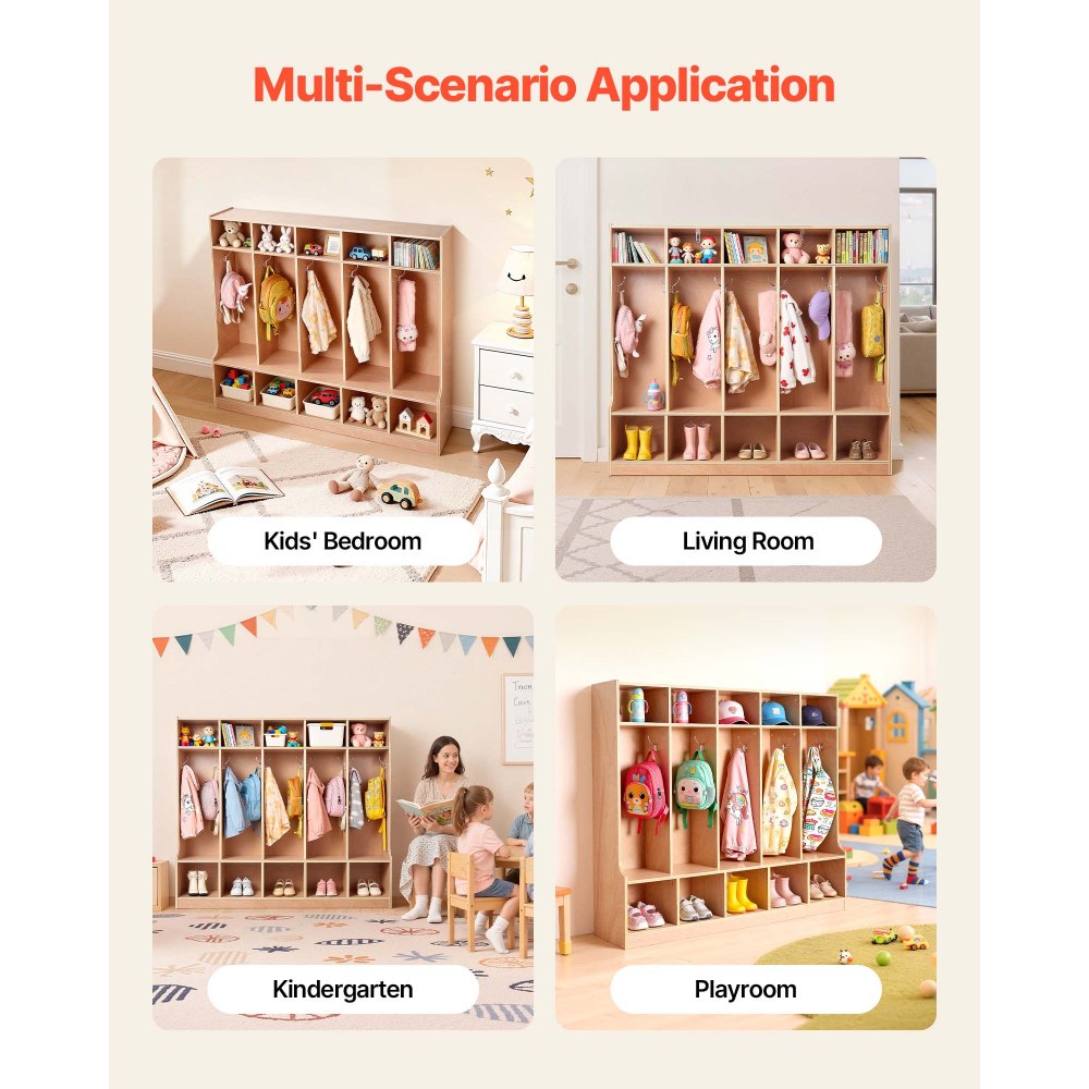 VEVOR 5-Section Kids Coat Locker, Wooden Toddler Cubby Storage Organizer with 10 Hooks & Non-Slip Mat, Modern Kid Coat Cubbies with 10 Small Open Storage Boxes for Home, Kindergarten, Daycare, Natural