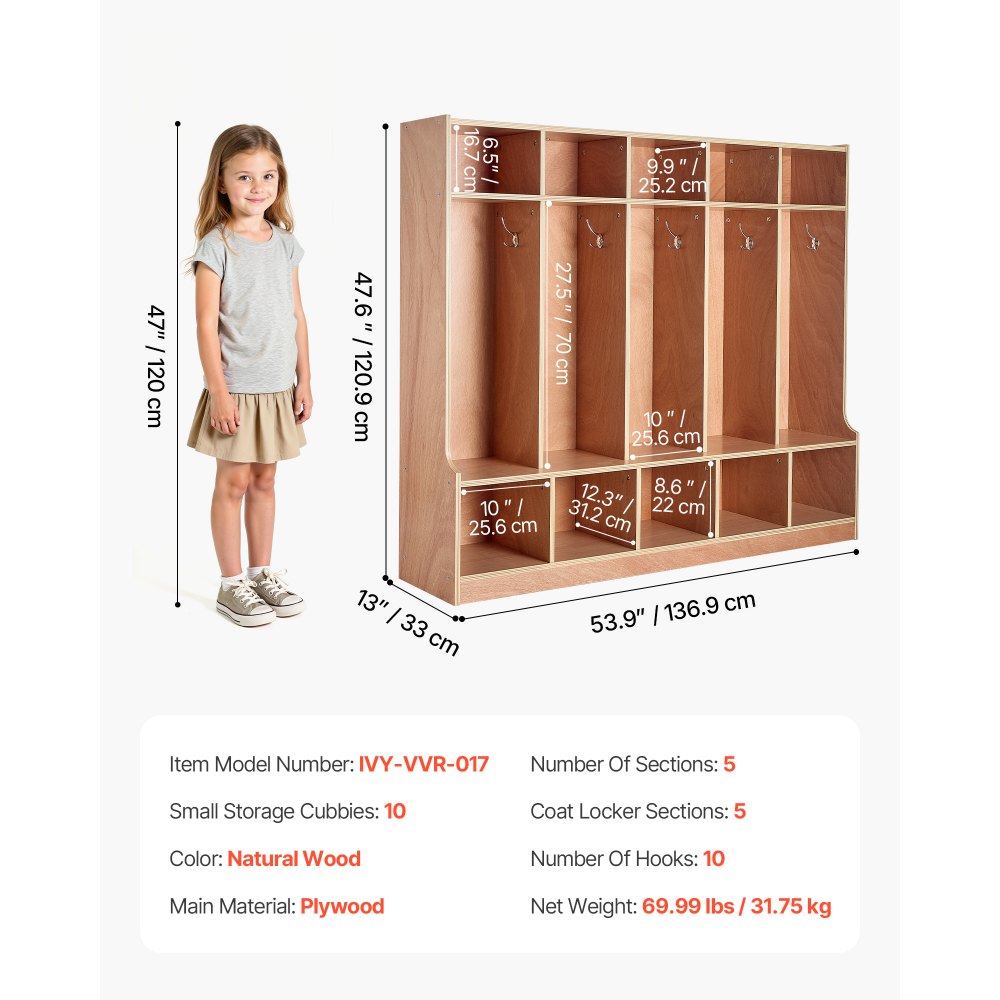 VEVOR 5-Section Kids Coat Locker, Wooden Toddler Cubby Storage Organizer with 10 Hooks & Non-Slip Mat, Modern Kid Coat Cubbies with 10 Small Open Storage Boxes for Home, Kindergarten, Daycare, Natural