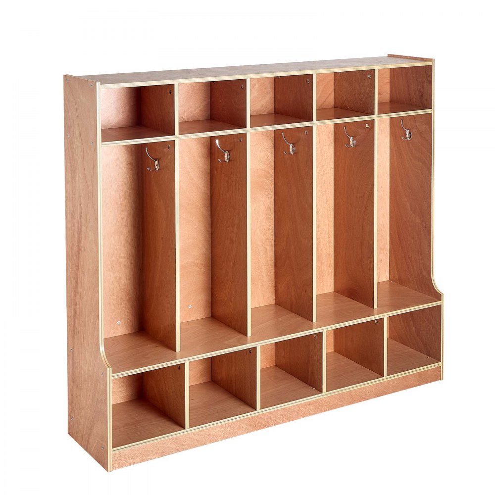 VEVOR 5-Section Kids Coat Locker, Wooden Toddler Cubby Storage Organizer with 10 Hooks & Non-Slip Mat, Modern Kid Coat Cubbies with 10 Small Open Storage Boxes for Home, Kindergarten, Daycare, Natural