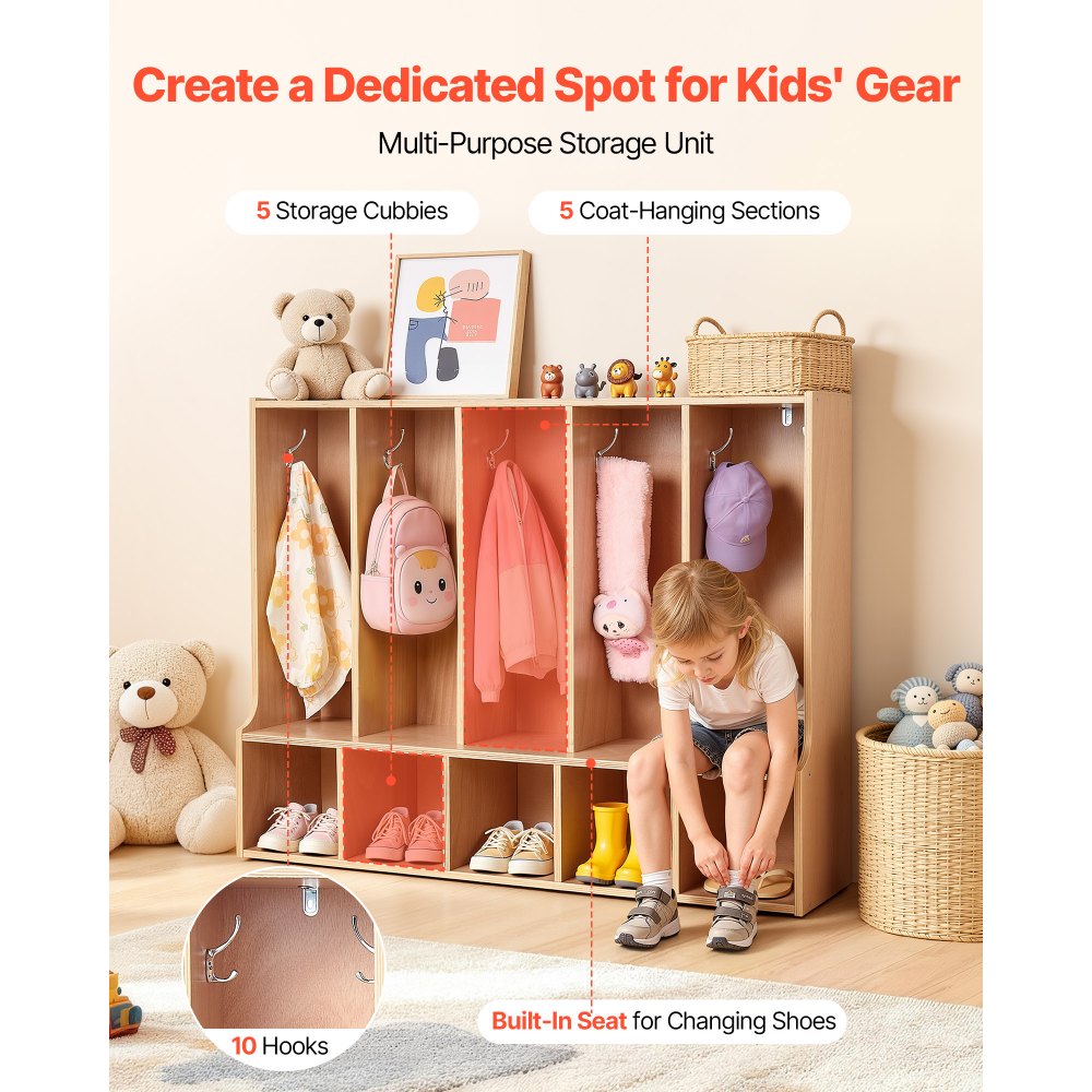 VEVOR 5-Section Kids Coat Locker, Wooden Toddler Cubby Storage Organizer with 10 Hooks & Non-Slip Mat, Modern Kid Coat Cubbies with 5 Small Open Storage Boxes for Home, Kindergarten, Daycare, Natural