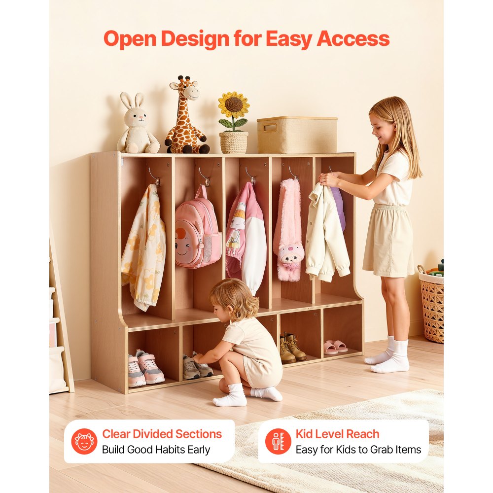 VEVOR 5-Section Kids Coat Locker, Wooden Toddler Cubby Storage Organizer with 10 Hooks & Non-Slip Mat, Modern Kid Coat Cubbies with 5 Small Open Storage Boxes for Home, Kindergarten, Daycare, Natural