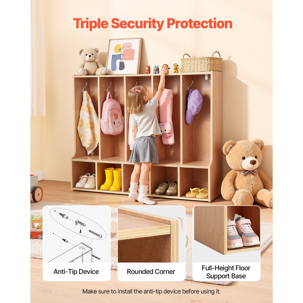 VEVOR 5-Section Kids Coat Locker, Wooden Toddler Cubby Storage Organizer with 10 Hooks & Non-Slip Mat, Modern Kid Coat Cubbies with 5 Small Open Storage Boxes for Home, Kindergarten, Daycare, Natural