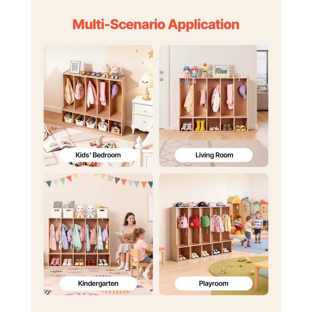 VEVOR 5-Section Kids Coat Locker, Wooden Toddler Cubby Storage Organizer with 10 Hooks & Non-Slip Mat, Modern Kid Coat Cubbies with 5 Small Open Storage Boxes for Home, Kindergarten, Daycare, Natural