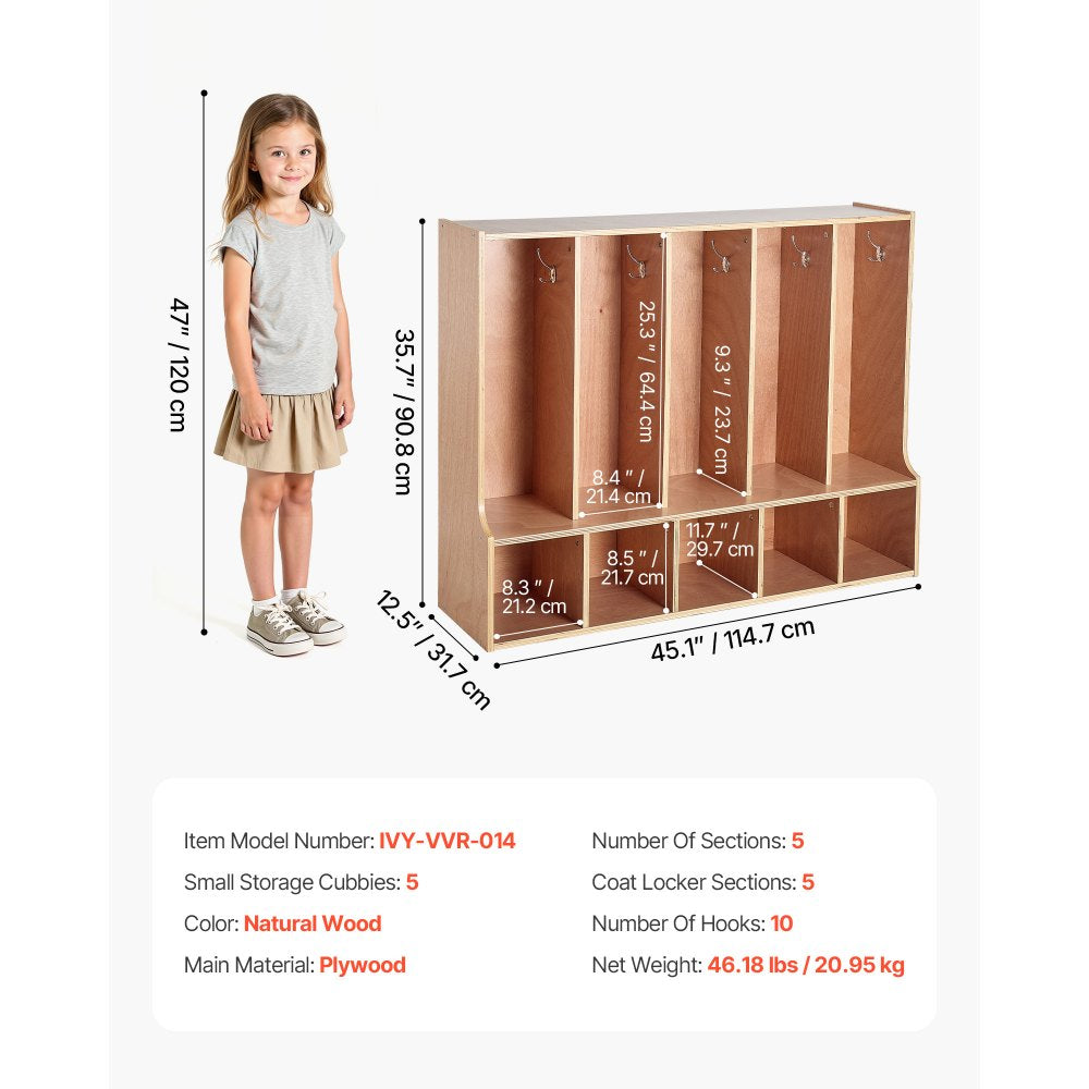VEVOR 5-Section Kids Coat Locker, Wooden Toddler Cubby Storage Organizer with 10 Hooks & Non-Slip Mat, Modern Kid Coat Cubbies with 5 Small Open Storage Boxes for Home, Kindergarten, Daycare, Natural