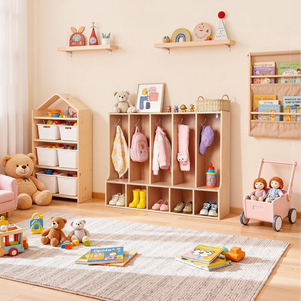 VEVOR 5-Section Kids Coat Locker, Wooden Toddler Cubby Storage Organizer with 10 Hooks & Non-Slip Mat, Modern Kid Coat Cubbies with 5 Small Open Storage Boxes for Home, Kindergarten, Daycare, Natural