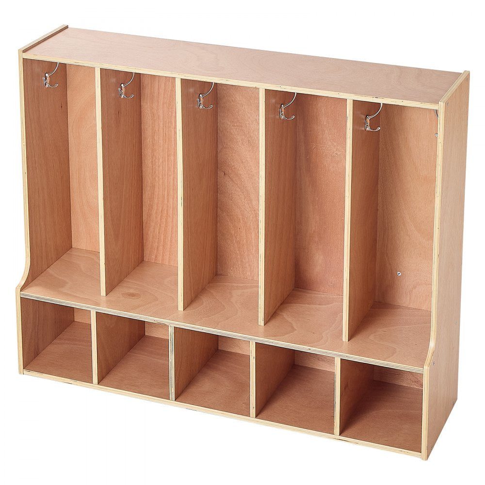 VEVOR 5-Section Kids Coat Locker, Wooden Toddler Cubby Storage Organizer with 10 Hooks & Non-Slip Mat, Modern Kid Coat Cubbies with 5 Small Open Storage Boxes for Home, Kindergarten, Daycare, Natural