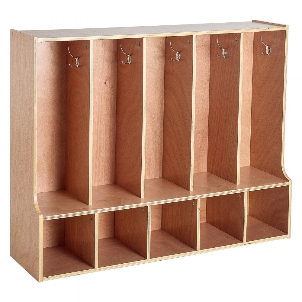 VEVOR 5-Section Kids Coat Locker, Wooden Toddler Cubby Storage Organizer with 10 Hooks & Non-Slip Mat, Modern Kid Coat Cubbies with 5 Small Open Storage Boxes for Home, Kindergarten, Daycare, Natural
