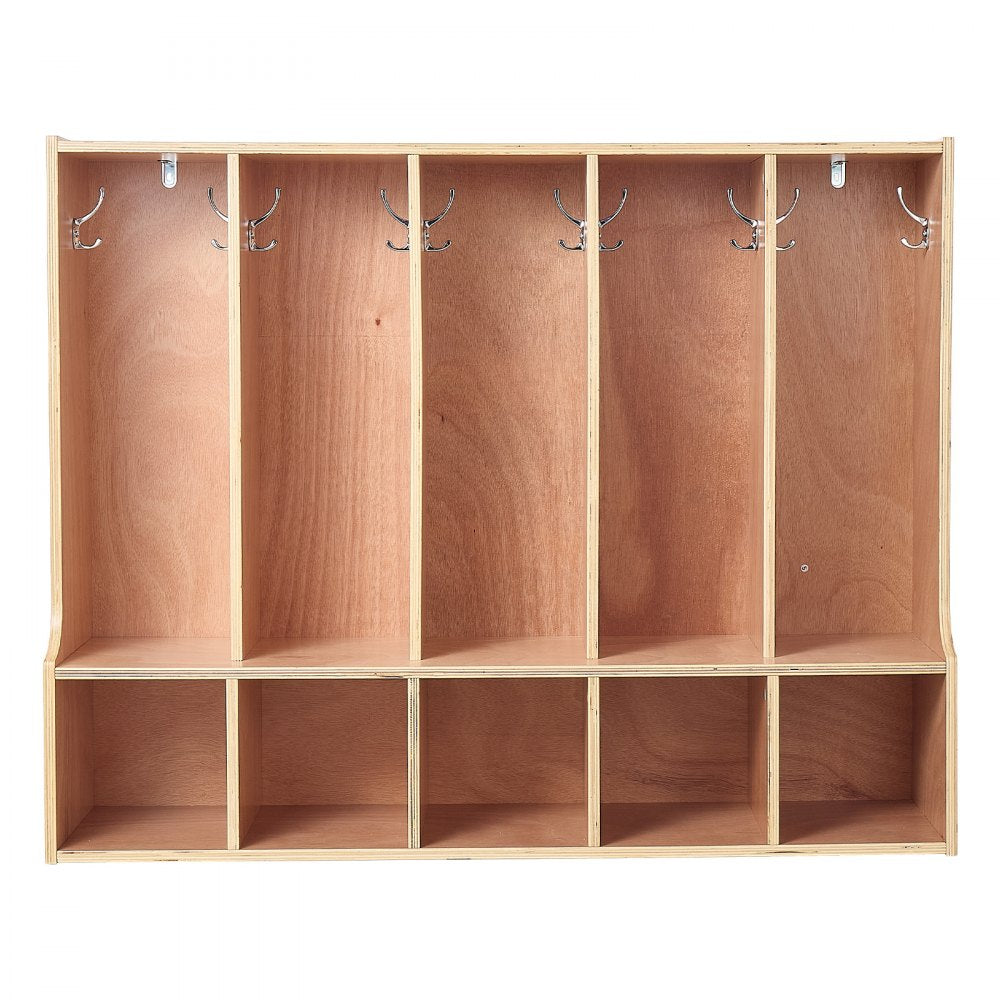 VEVOR 5-Section Kids Coat Locker, Wooden Toddler Cubby Storage Organizer with 10 Hooks & Non-Slip Mat, Modern Kid Coat Cubbies with 5 Small Open Storage Boxes for Home, Kindergarten, Daycare, Natural