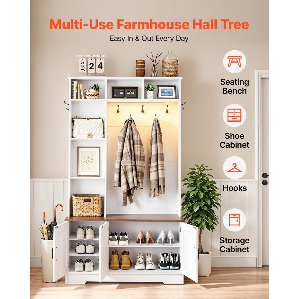 VEVOR Hall Tree with Bench and Shoe Storage, 39" Wide, Entryway Hall Tree with Bench, Hanging Hooks, Storage Shelves, Adjustable Shoe Shelves, LED Light, Wooden, for Mudroom, Entryway, Hallway, White