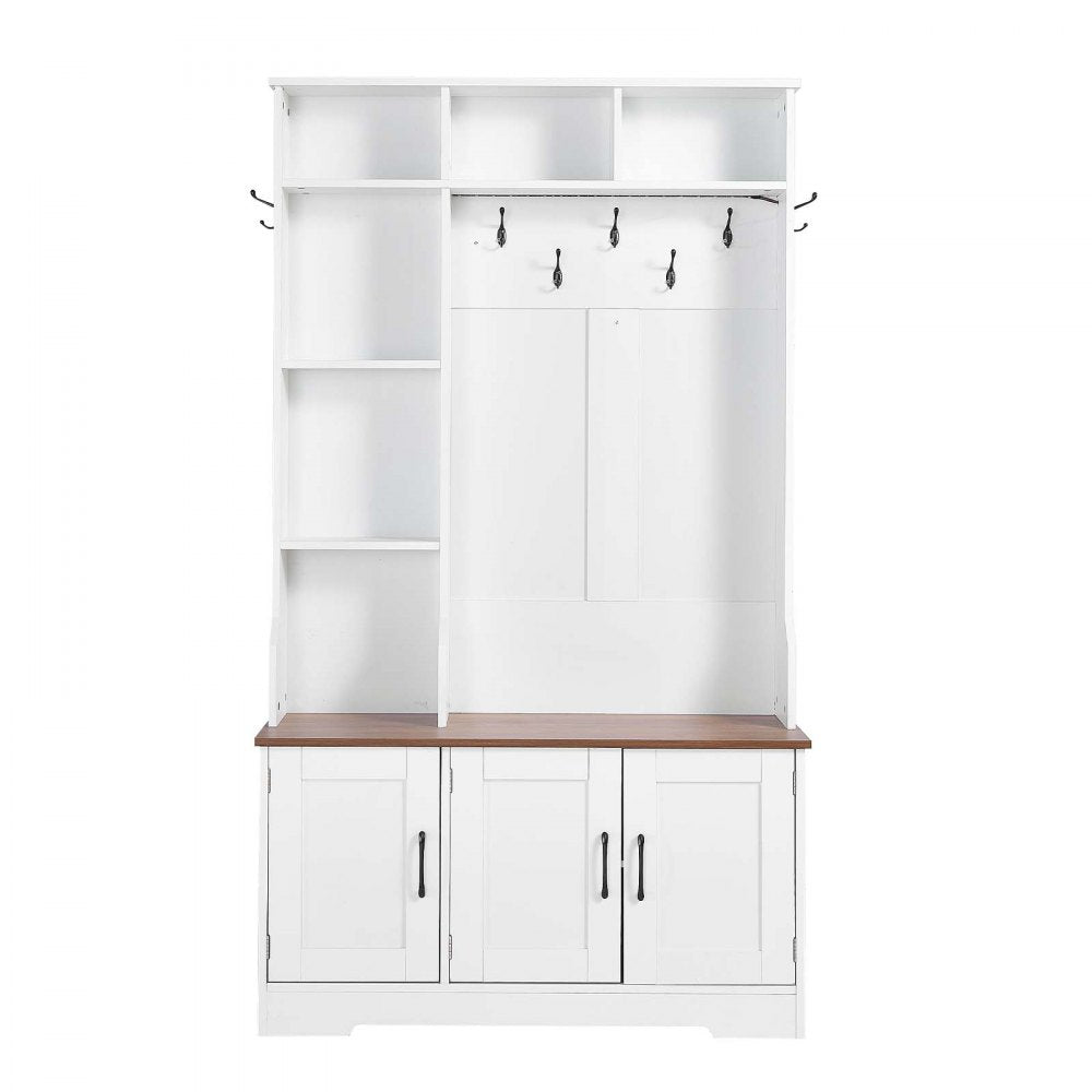VEVOR Hall Tree with Bench and Shoe Storage, 39" Wide, Entryway Hall Tree with Bench, Hanging Hooks, Storage Shelves, Adjustable Shoe Shelves, LED Light, Wooden, for Mudroom, Entryway, Hallway, White
