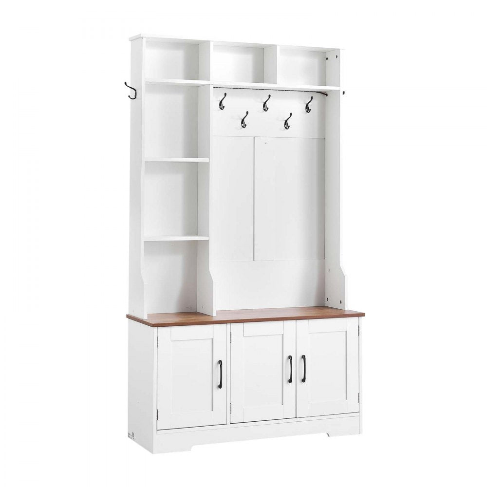 VEVOR Hall Tree with Bench and Shoe Storage, 39" Wide, Entryway Hall Tree with Bench, Hanging Hooks, Storage Shelves, Adjustable Shoe Shelves, LED Light, Wooden, for Mudroom, Entryway, Hallway, White