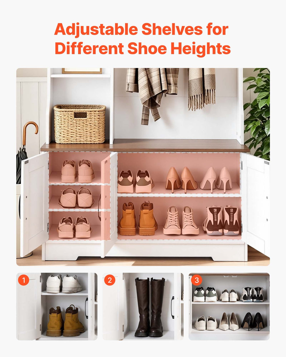 VEVOR Hall Tree with Bench and Shoe Storage, 39" Wide, Entryway Hall Tree with Bench, Hanging Hooks, Storage Shelves, Adjustable Shoe Shelves, LED Light, Wooden, for Mudroom, Entryway, Hallway, White