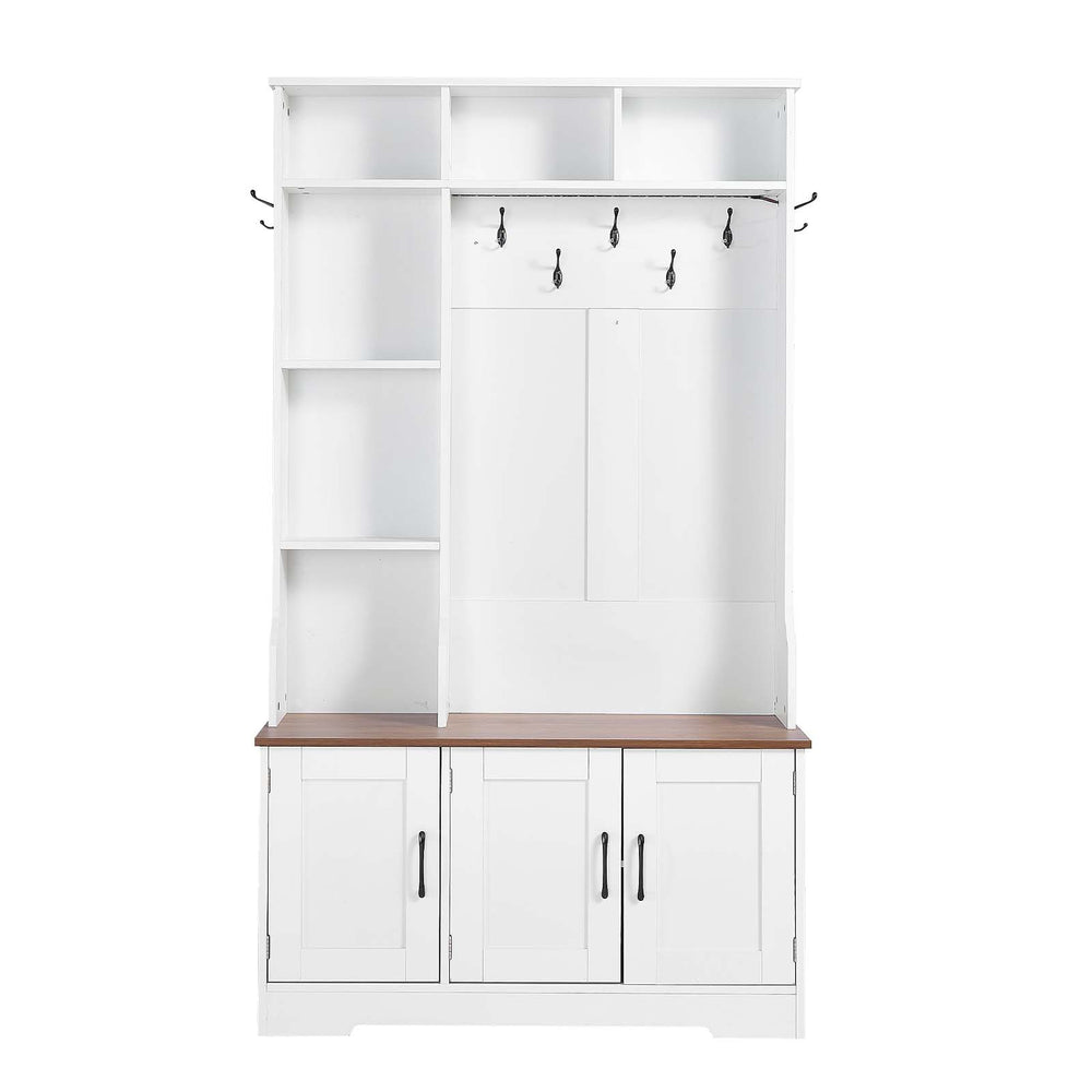 VEVOR Hall Tree with Bench and Shoe Storage, 39" Wide, Entryway Hall Tree with Bench, Hanging Hooks, Storage Shelves, Adjustable Shoe Shelves, LED Light, Wooden, for Mudroom, Entryway, Hallway, White