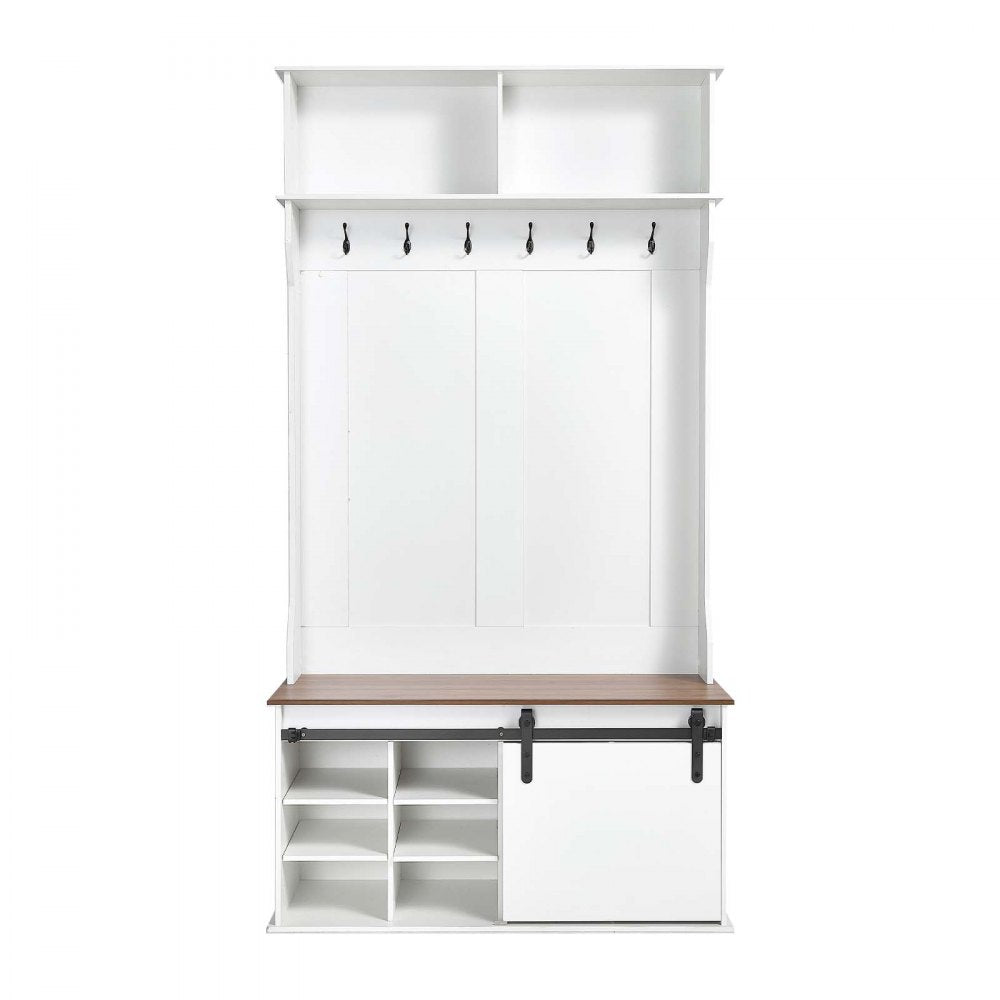 VEVOR Hall Tree with Bench and Shoe Storage, 42" Wide, Entryway Hall Tree with Bench, Hanging Hooks, Storage Shelves, Adjustable Shoe Shelves, Wooden Furniture for Mudroom, Entryway, Hallway, White