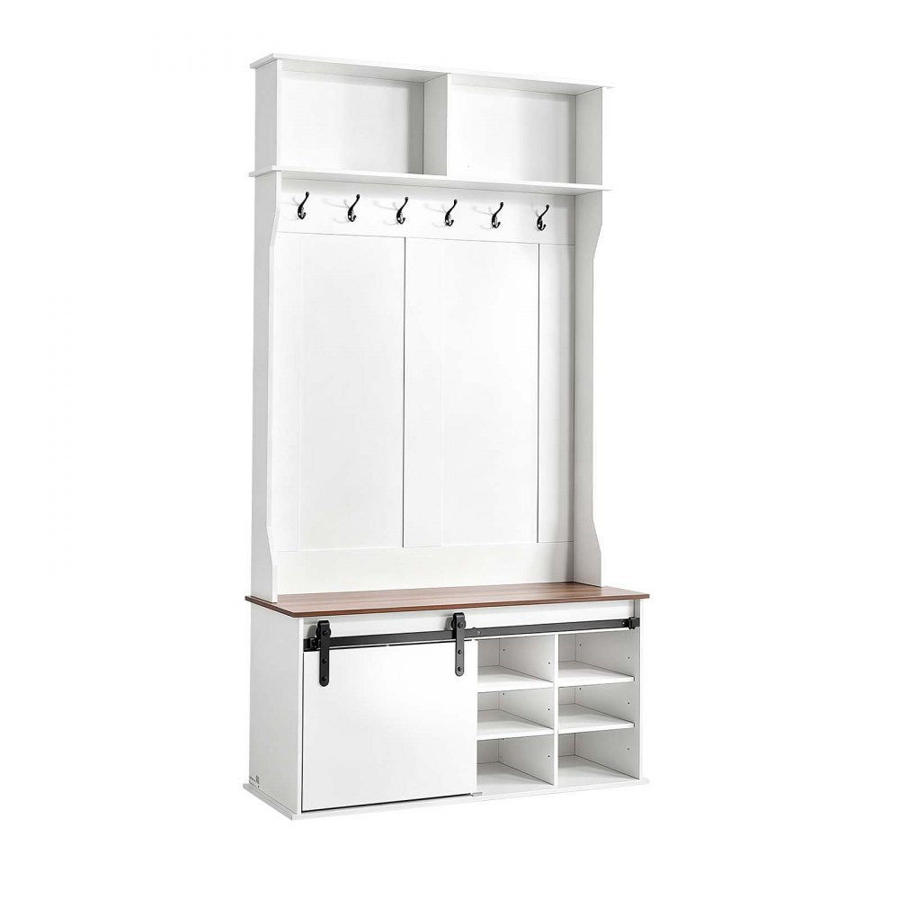 VEVOR Hall Tree with Bench and Shoe Storage, 42" Wide, Entryway Hall Tree with Bench, Hanging Hooks, Storage Shelves, Adjustable Shoe Shelves, Wooden Furniture for Mudroom, Entryway, Hallway, White