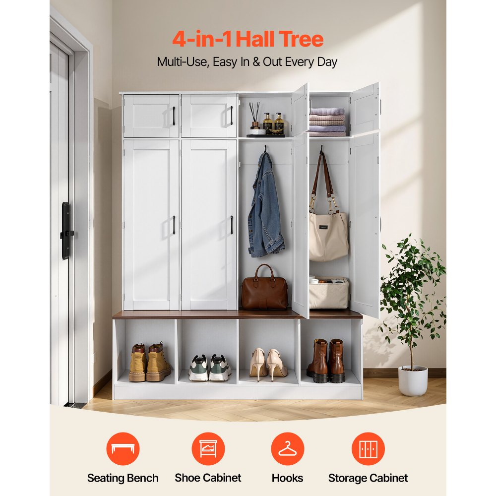 VEVOR Hall Tree with Bench and Shoe Storage, 59" Wide, 4-in-1 Entryway Hall Tree with Bench, Hanging Hooks, Storage Cabinet, and Shoe Cabinet, Wooden Furniture for Mudroom, Entryway, Hallway, White